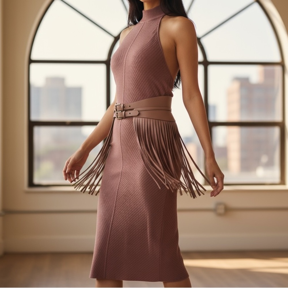 BCBGMaxAzria Contour Fringe Belt Dusty Pink Leather